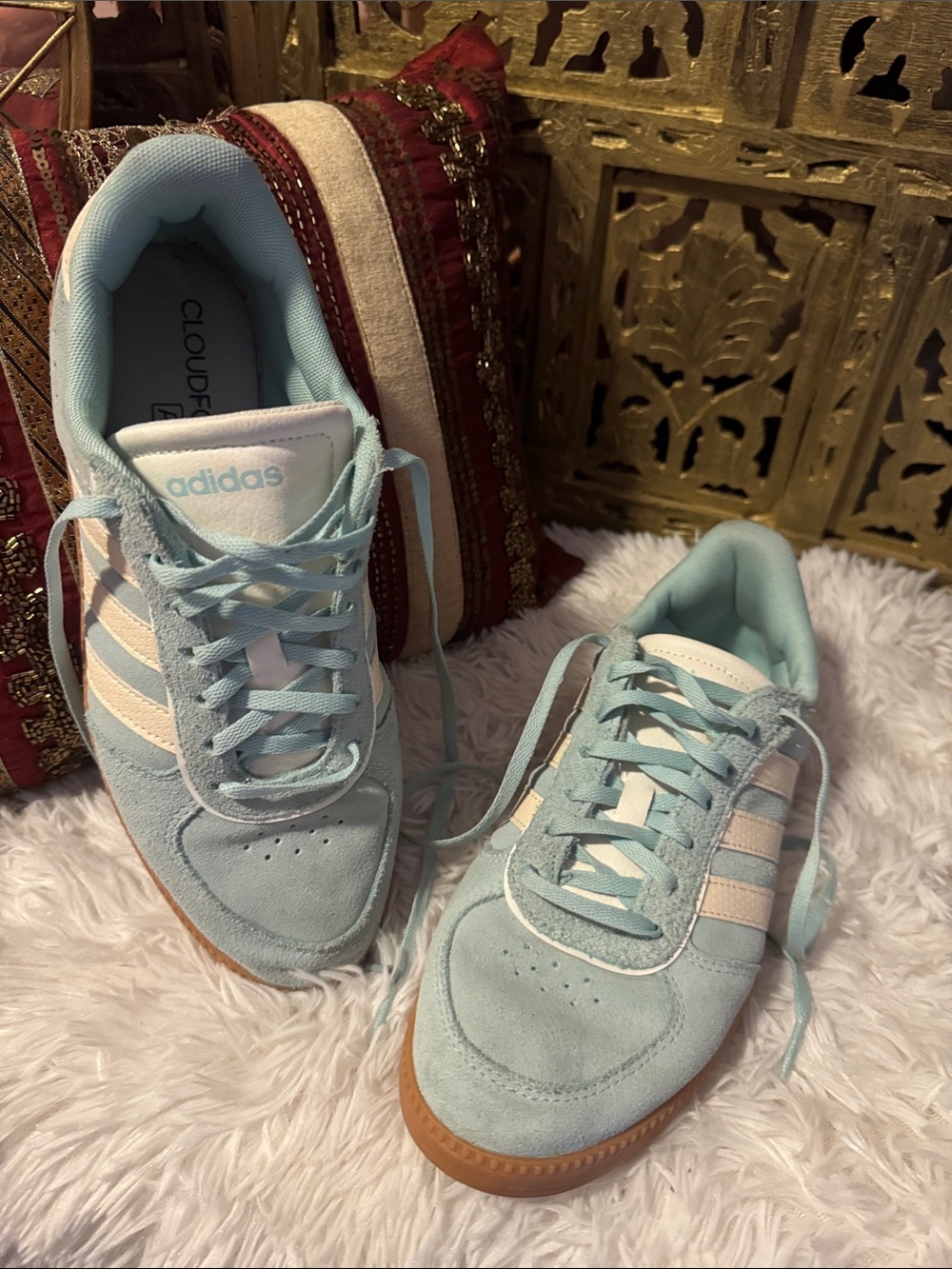 adidas Light Blue Suede Sneakers with Cream Stripes and Gum Sole no stains